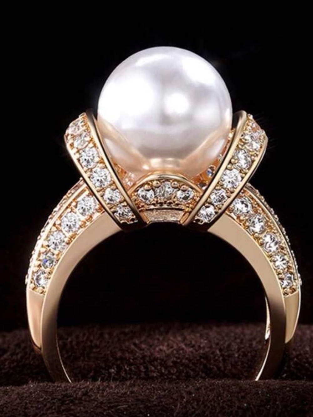 New Gold Pearl Statement Ring CZ Pave Cocktail Ring Size 8 Luxury Style Ring